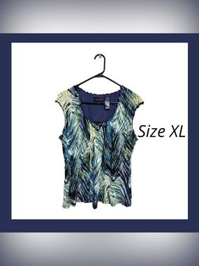 🌿Y2K Axcess Liz Claiborne XL Tropical Mesh Blouse Blue Green Resort Top